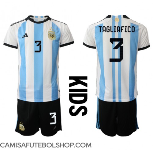 Camisa de time de futebol Argentina Nicolas Tagliafico #3 Replicas 1º Equipamento Infantil Mundo 2022 Manga Curta (+ Calças curtas)